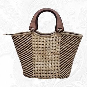 Woven Straw Tote with Wooden Handles - Beige & Brown